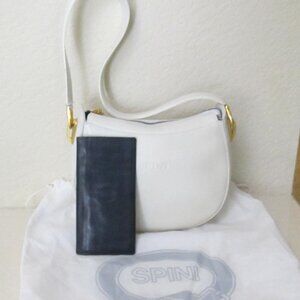 Women's Leather Off-White Shoulder Bag with a Free Dark Blue Long Wallet